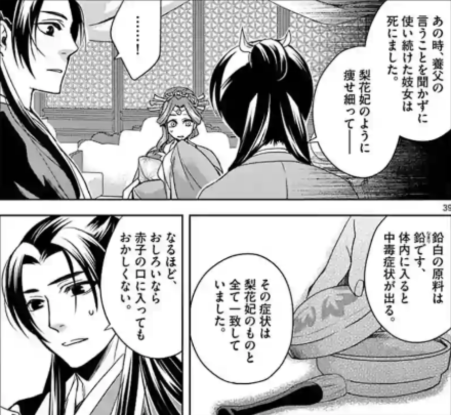 鉛白と中毒症状を説明する場面