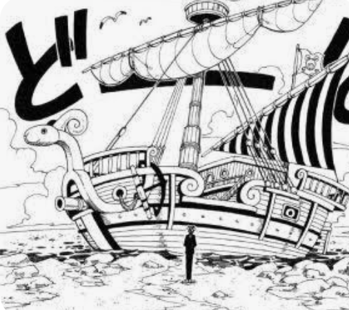 大海原に浮かぶ大型帆船の場面(ONE PIECE・引用)